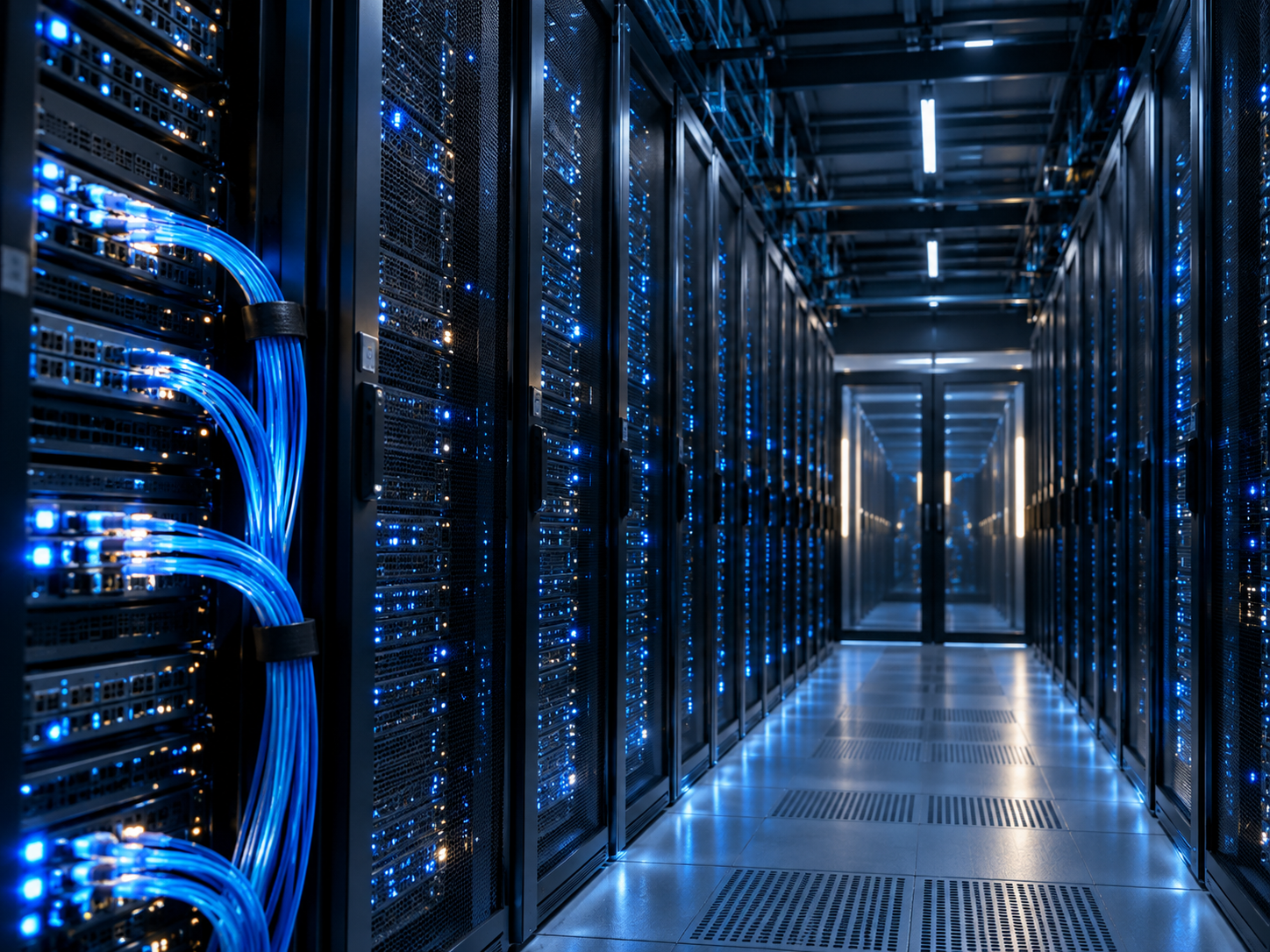 Visualisierung eines Rechenzentrums mit Serverracks und Netzwerkverkabelung