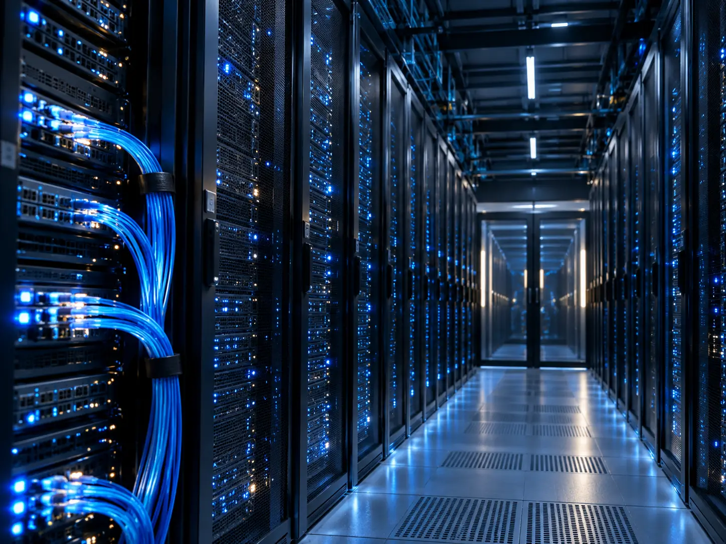 Visualisierung eines Rechenzentrums mit Serverracks und Netzwerkverkabelung
