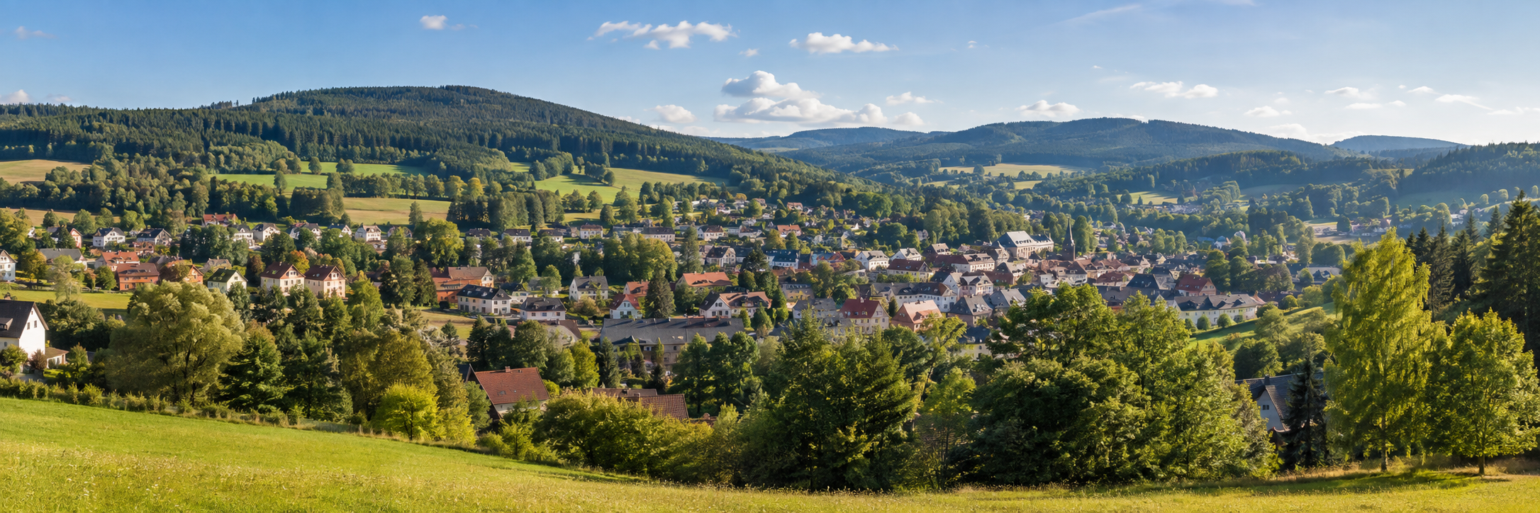 Illustratives Panorama einer Kleinstadt in einer Mittelgebirgsregion